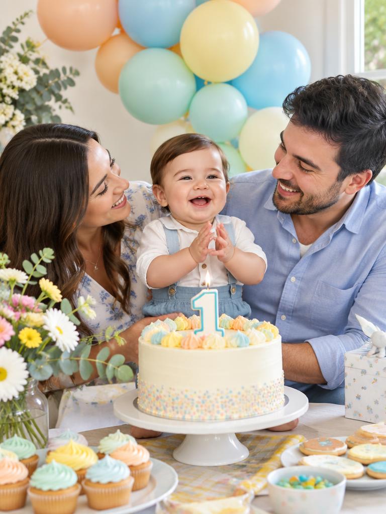 Primer cumpleaños con torta y globos pastel